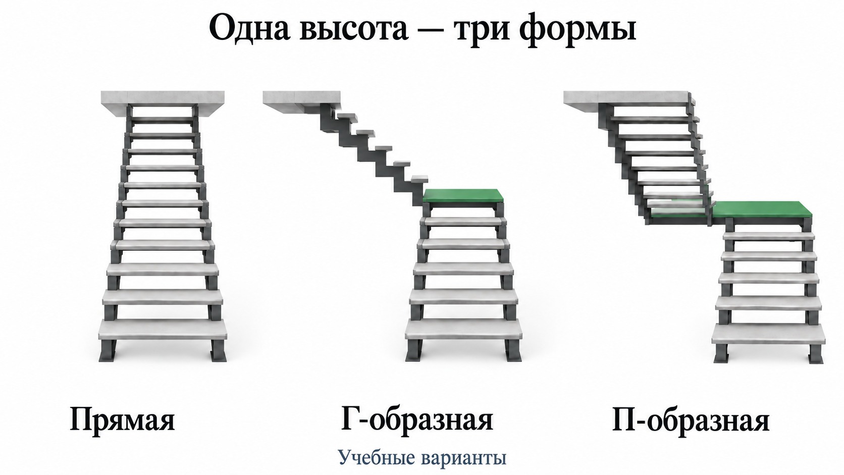 Прямая, Г-образная и П-образная компоновки лестницы