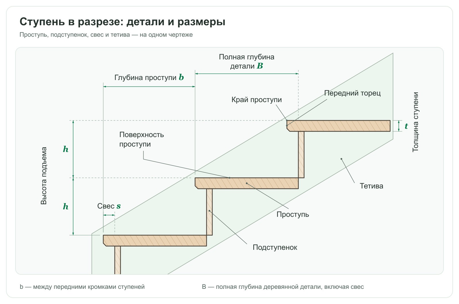 Ступень в разрезе: глубина проступи b, полная глубина детали B, свес s и толщина t