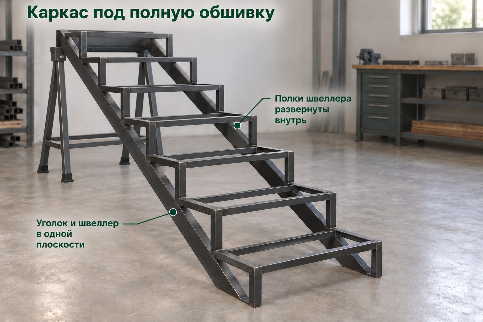 Закрытый металлический каркас на временной опоре: полки швеллера внутрь, уголок и швеллер в одной плоскости — иллюстрация