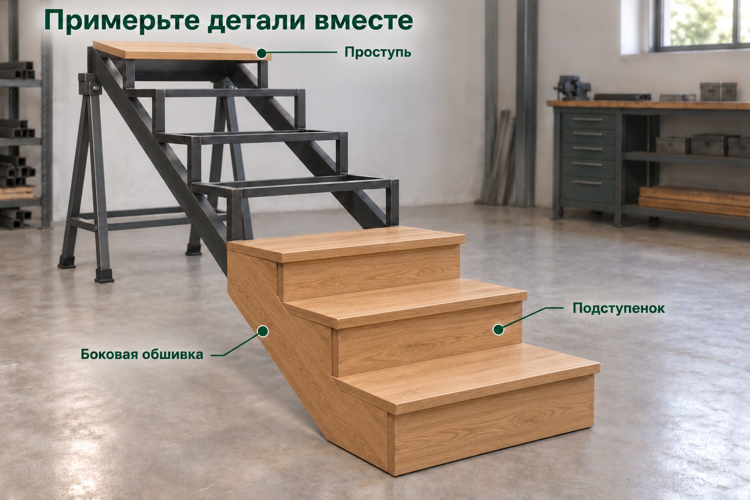Проступи, подступенки и боковая обшивка при частичной примерке на закрытый металлический каркас — иллюстрация
