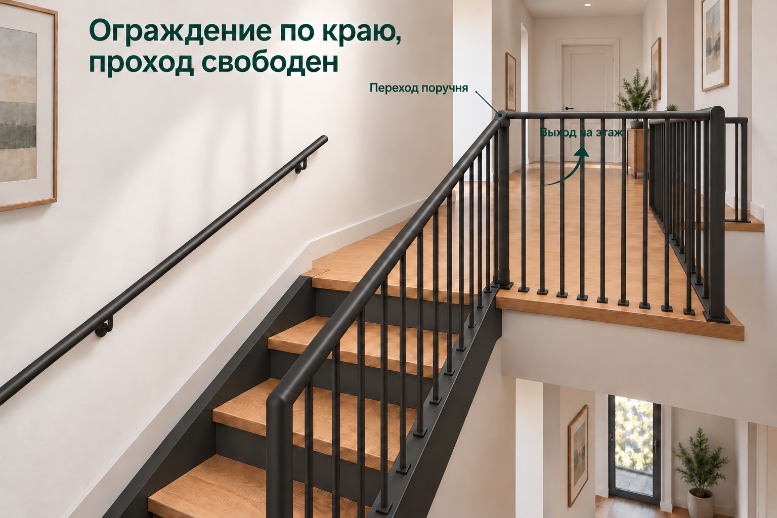 Ограждение открытой стороны марша и края второго этажа с непрерывным поручнем — иллюстрация